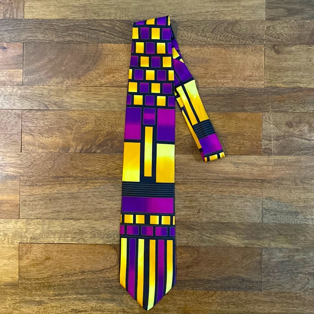 100% silk vintage gold and purple geometric tie